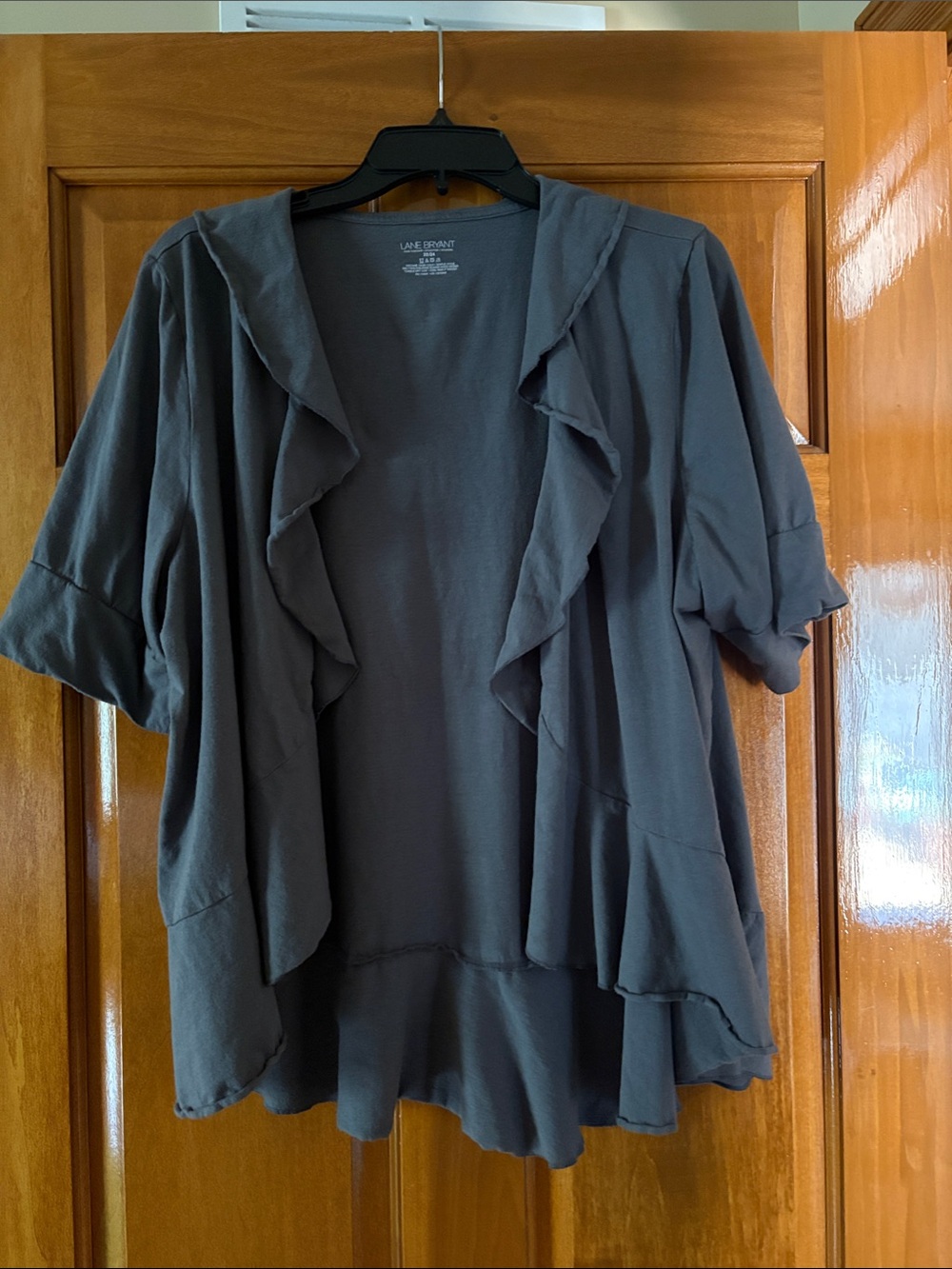Lane Bryant Slate Gray Ruffle-Front Short Sleeve CardiganWorn once